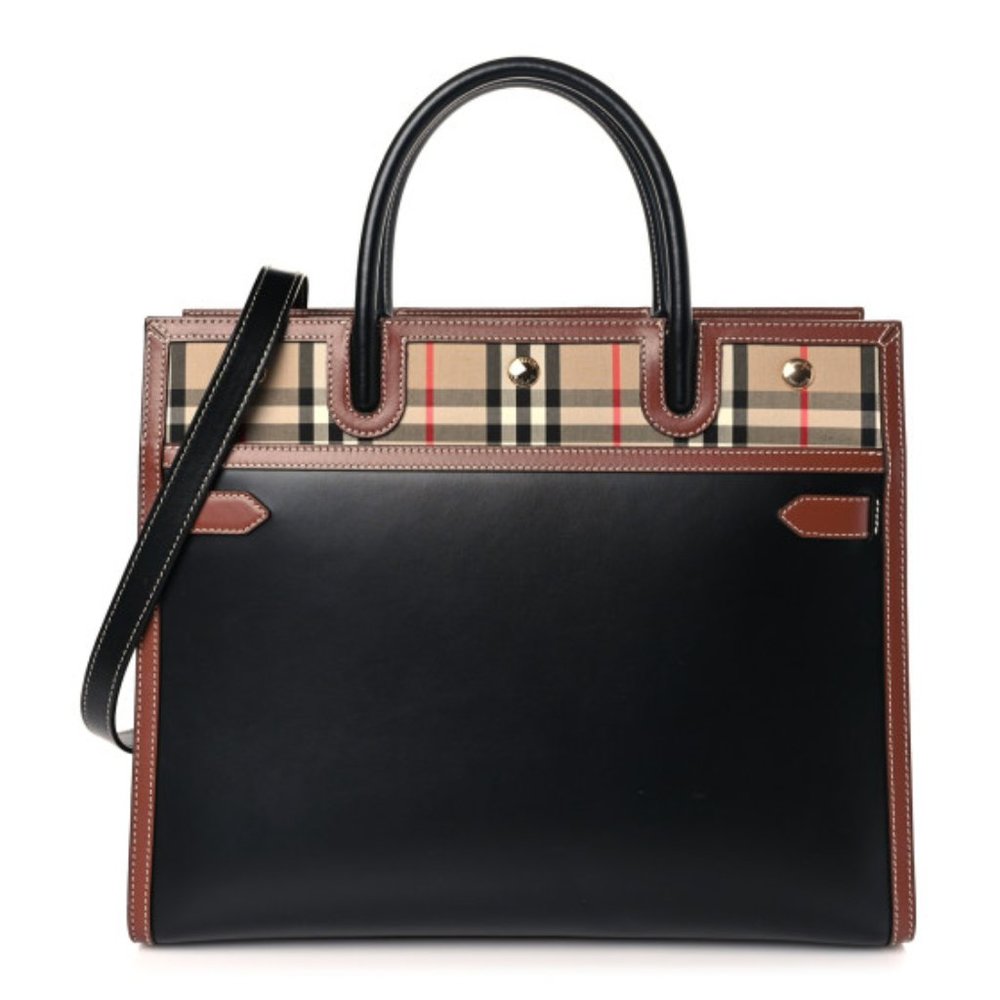BURBERRY Calfskin Vintage Check Medium Two Handle Title Bag Black